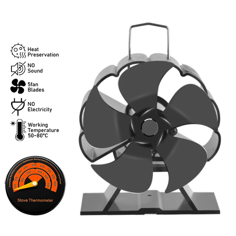 

Mini 5 Blades Black Fireplace Heat Powered Stove Fan Log Wood Burner Eco Friendly Quiet Fan Home Efficient Heat Distribution