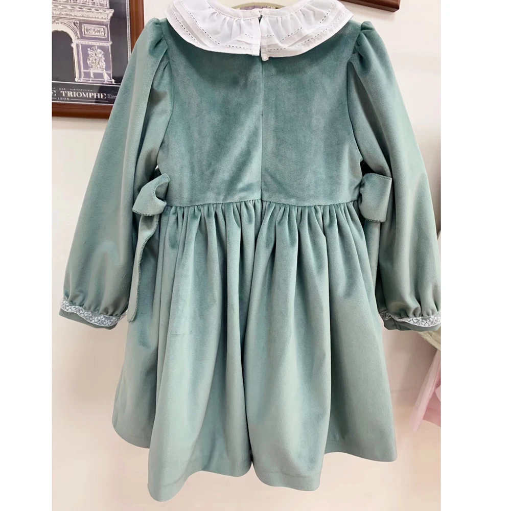 Spanish children's dress baby girl 1-5 years princess dresses hat cotton long sleeve green velvet for Autumn winter | Детская одежда