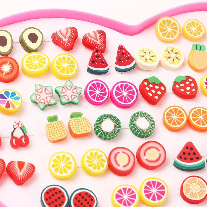 36 Pairs/set Handmade Earrings Girls Fruit Animal Clay Earring Stud Sets Childen Earring Set Mix With Heart Box Earrings Jewelry