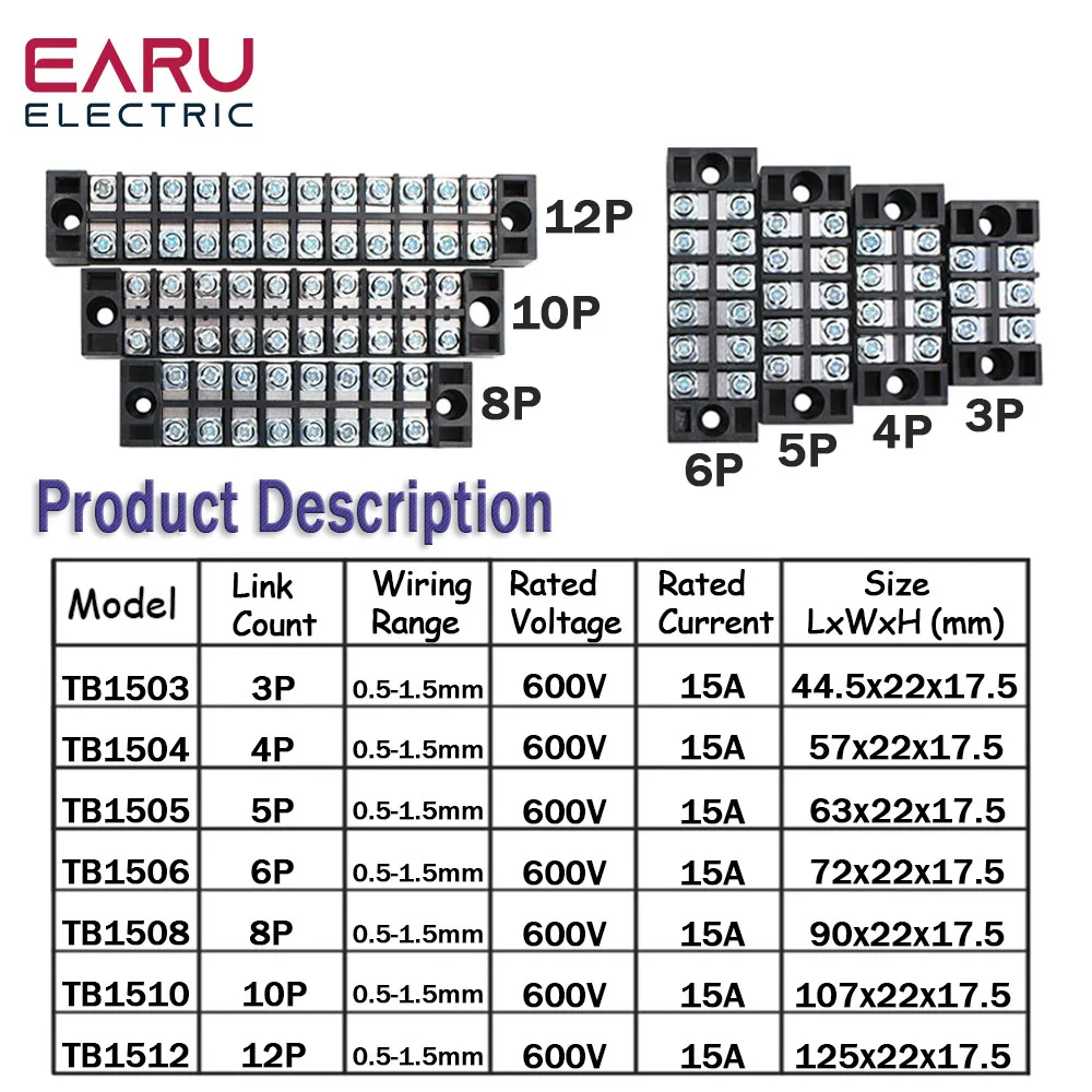 15A 600V Dual Row Barrier Screw Terminal Block Wire Connector TB Series 3 4 5 6 8 10 12 16 20 Positions Ways Factory Wholesale |