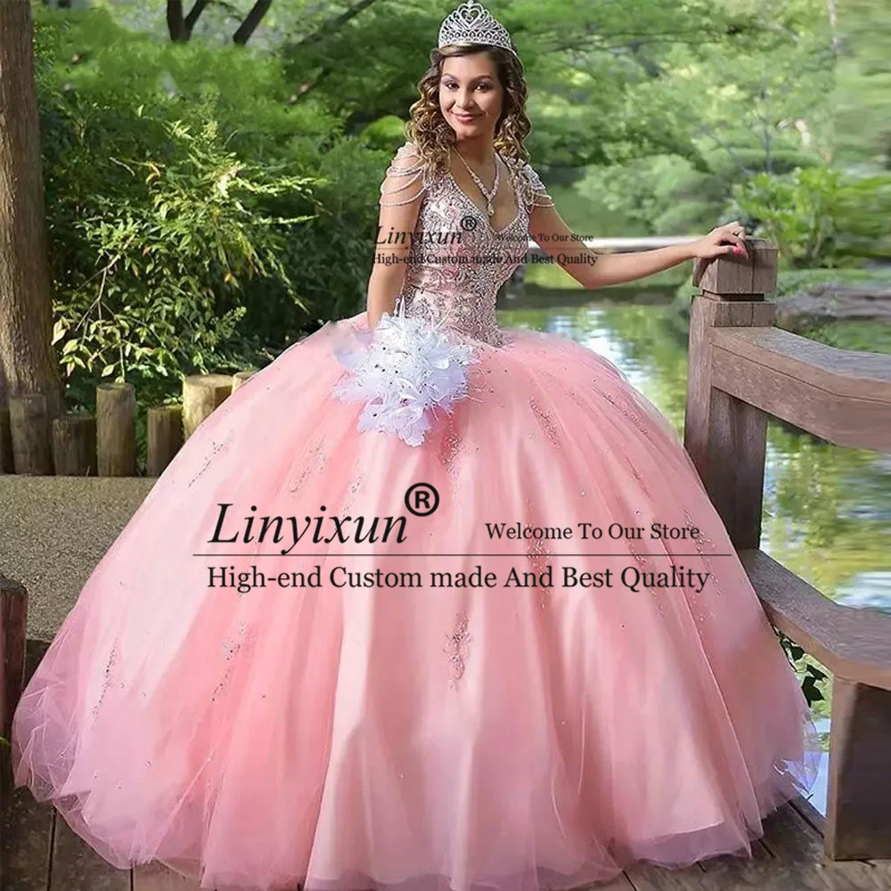 

Милое розовое платье Quinceanera 2021, милое платье с V-образным вырезом и бисером для 15 лет, официальная Пышная юбка, Атласное Бальное Платье, выпус...