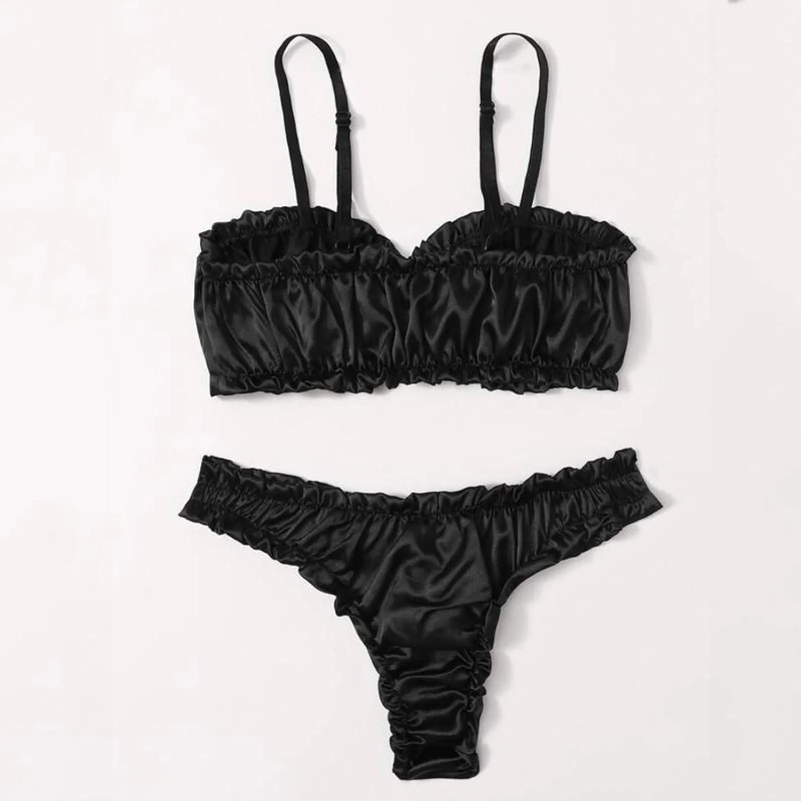 Black Satin Ruched Bra Panties Exotic Sets Women Sexy Lingerie Breathable Thin Summer Nightwear Lenceria Sensual Mujer | Тематическая