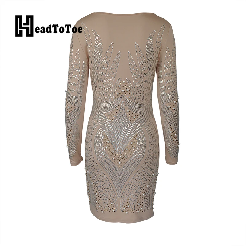 

Solid Diamonds Beading Embellished Party Elegant Dresses for Women Full Sleeve Round Neck Above Knee Skinny Bodycon Dress