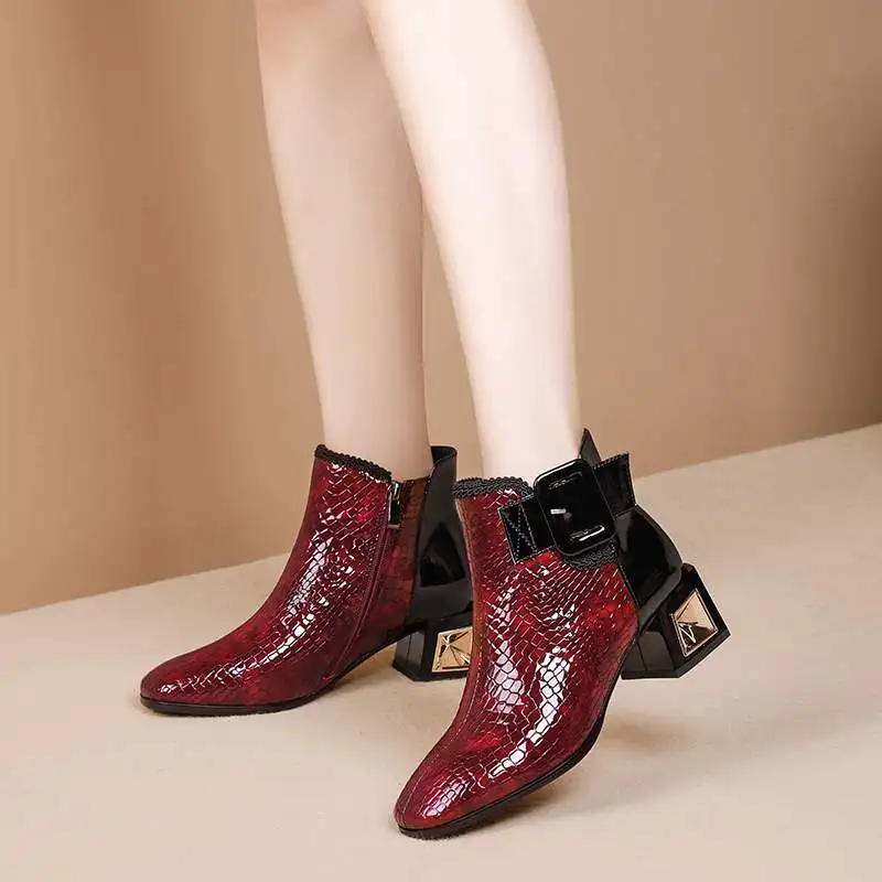 

Lenkisen mixed colors print genuine leather square toe metal high heels side Zipper winter women buckle straps ankle boots L82