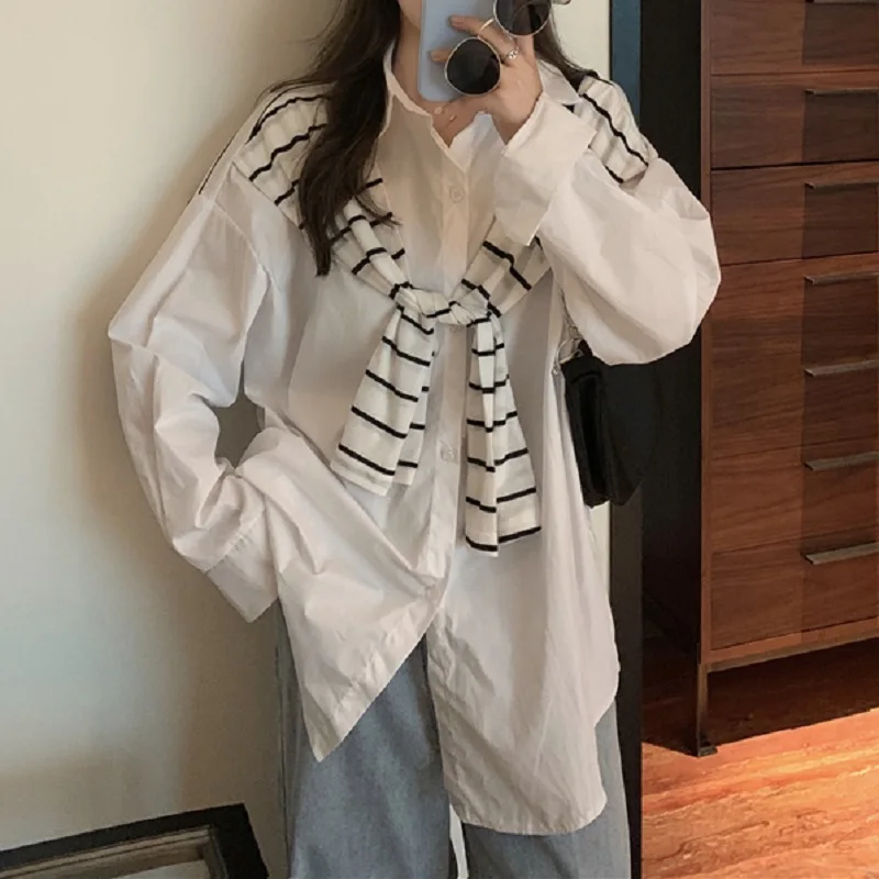

Languid Shawl Fake Two Shirts Women's Spring And Autumn Design Striped Top