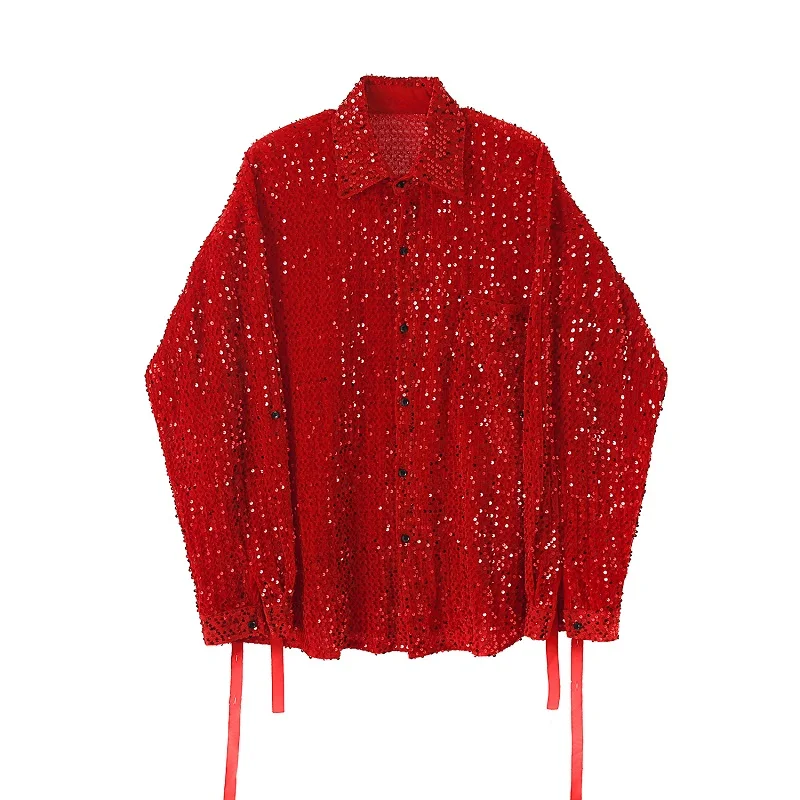 

Spring Autumn Black Red Long Sleeve Shirt Men Women Sequin Lacing Oversized Blouse Nightclub DJ Singer Stage Costume