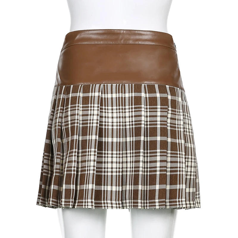 

Korean Fashion Leather Patchwork Plaid Pleated Skirt 2021 New Women High-waisted Pockets Brown Mini Botton-up Y2k Harajuku