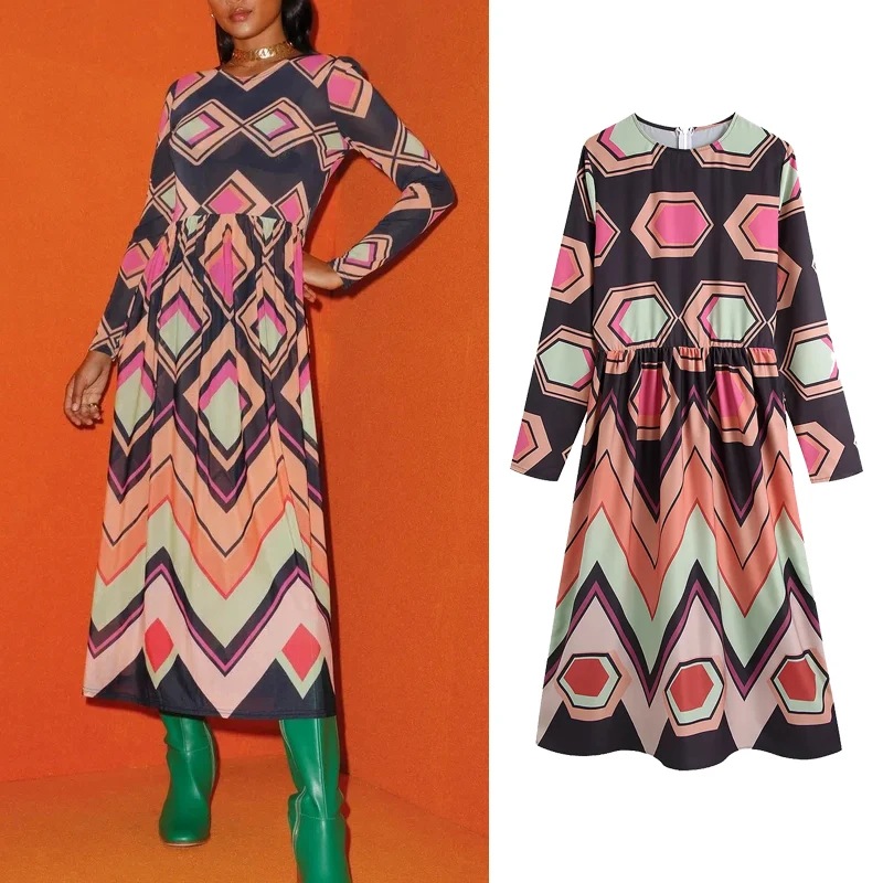 

Женское платье-миди Za с геометрическим принтом, Повседневное платье с круглым вырезом и длинным рукавом в стиле ретро для вечеринки, 2021