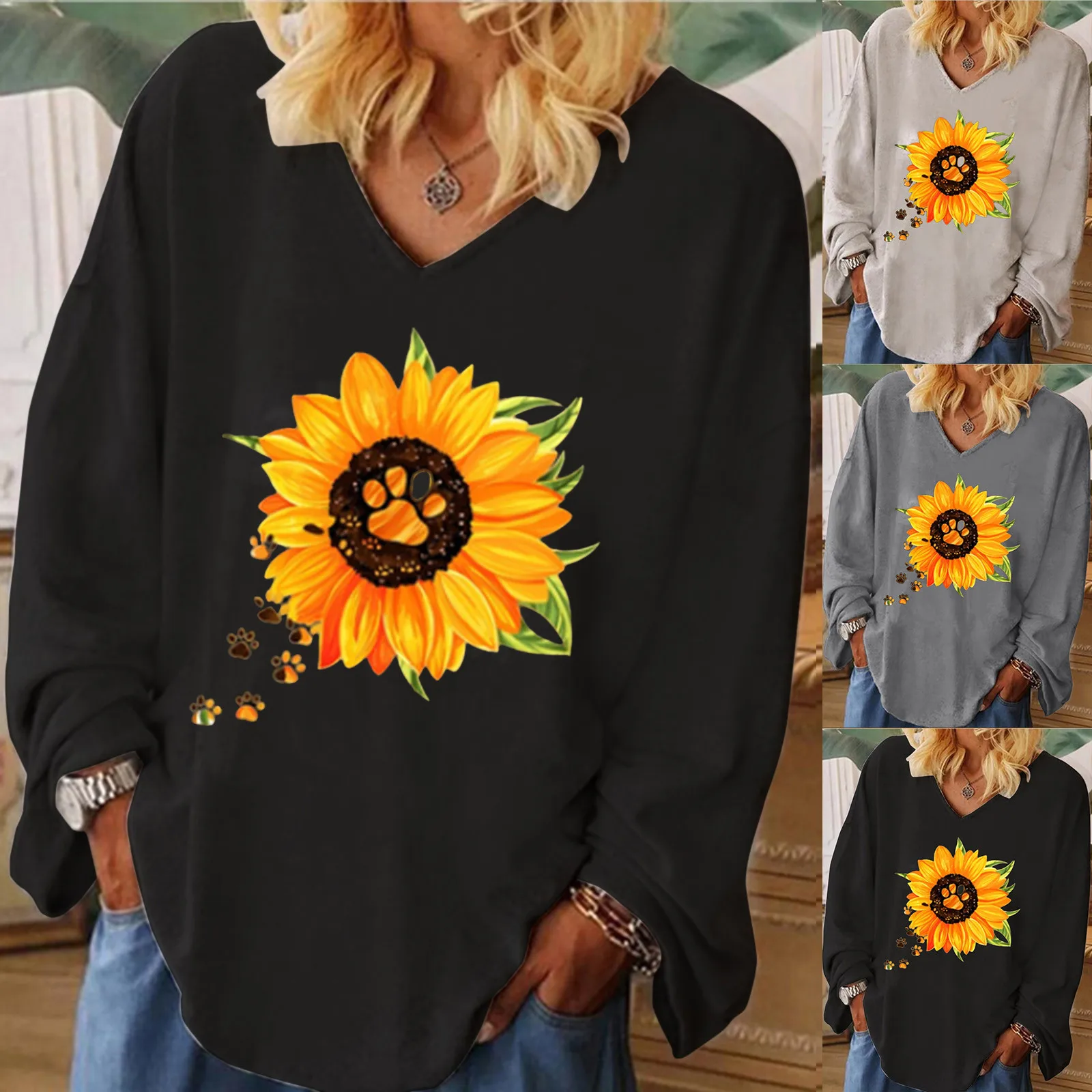 

Women Autumn Clothing Sunflower Print T-shirt Casual V-neck Long Sleeve Loose
