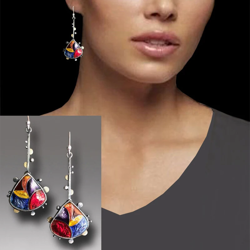 

Ethnic Style Patchwork Enamel Drop Earrings Two Tone Water Sexy Dangle For Women Wedding Party Jewelry Gift H4D548