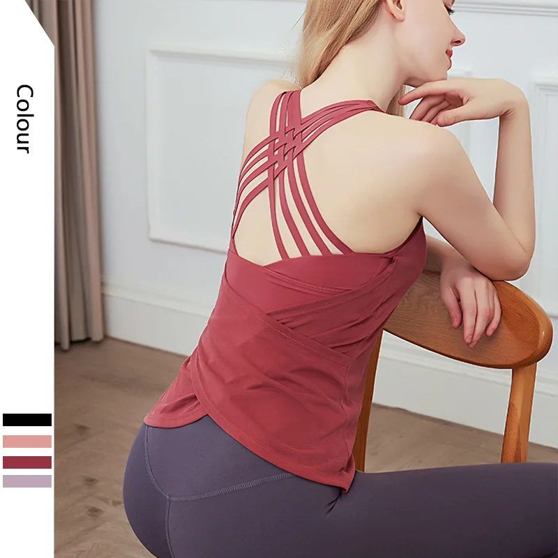 

Cross Shoulder Spaghetti Straps Yoga Tops Fake Two-Pieces Yoga Vest Loose Sleeveless Quick-dry Fitness Women Sportwear Blouses