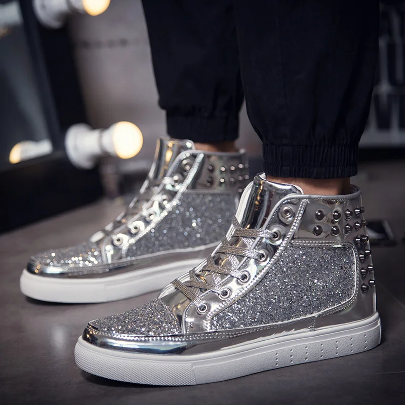 

High Top Sneakers Male Shoe Sneakers Man Luxury Men Glitter Shoes Streetwear Men's Trending Boots Patent Leather Casual