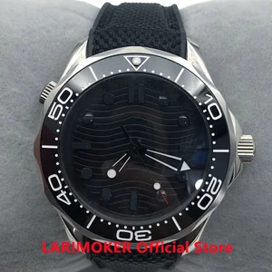 LARIMOKER Black 41mm 007 Automatic Men Watch 24 Jewels NH35A MIYOTA Movement Rubber Band Screw Crown Curved End Rubber Band