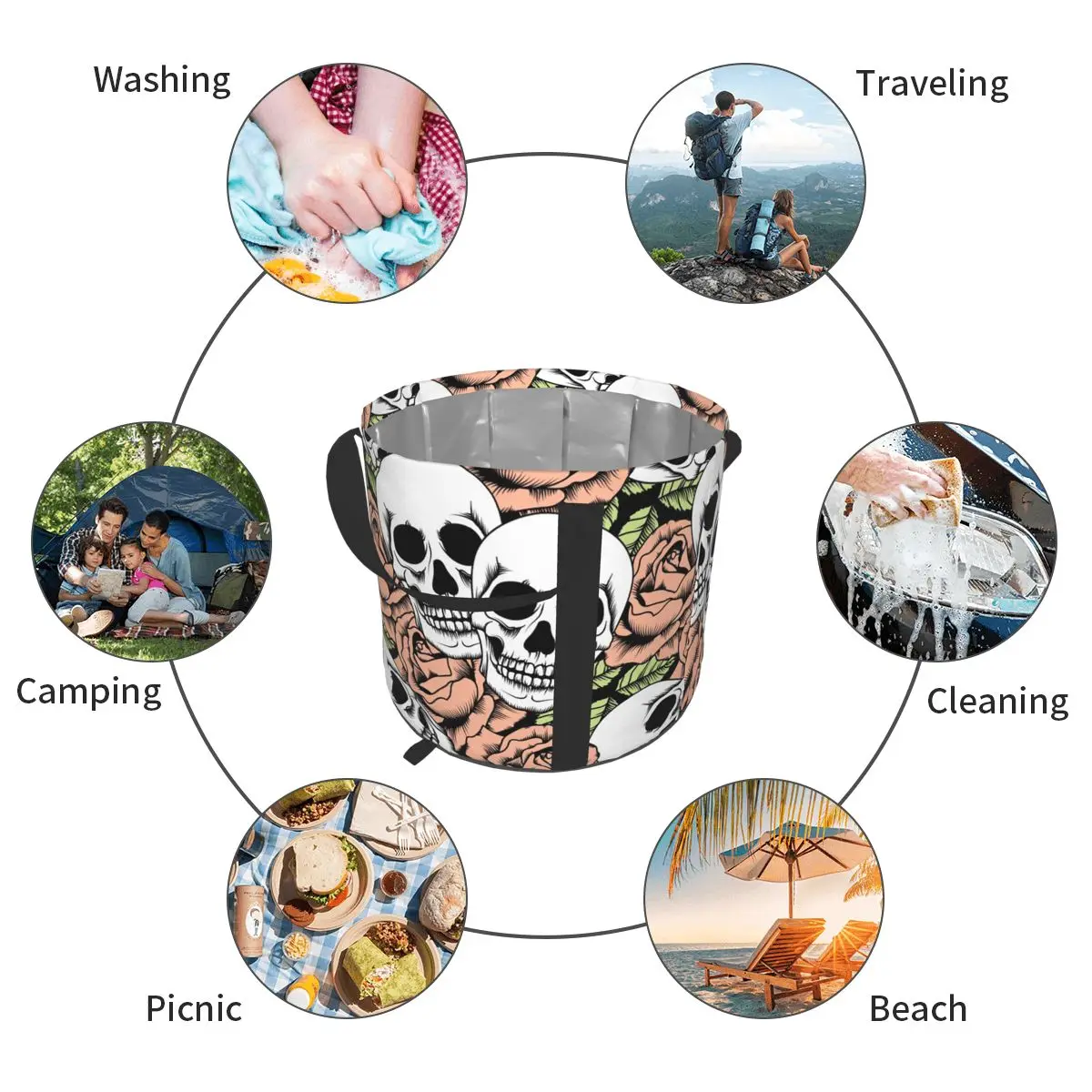 

Skull And Roses Portable Bucket Water Storage Bag Ice Storage Bag Waterproof Water bag Fishing Folding Bucket