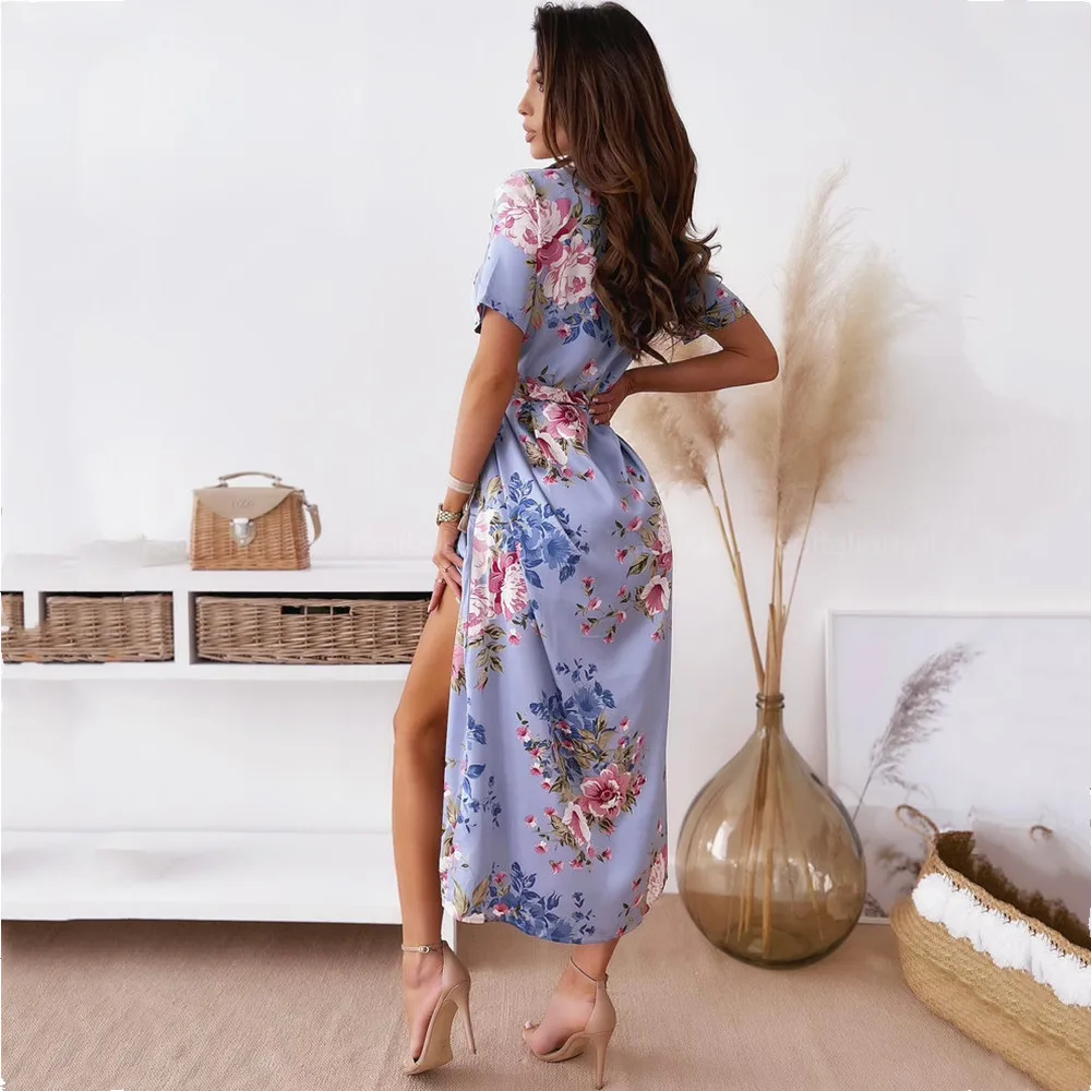 

2021 Summer New Short-Sleeved V-Neck Button Bohemian Shirt Dress Ladies Fashion Sexy High Split With Belt Dress Women's Clothing