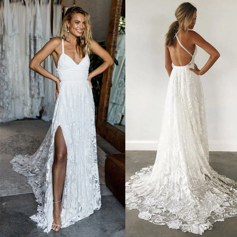 

2021 Latest Sexy Sling Lace Slit Wedding Dress Plus Size Retro Wedding