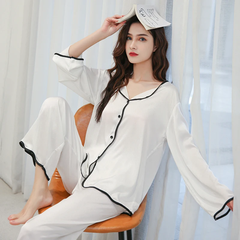 

Zomer Vrouwen Pyjama Set Nieuwe Luxe Stijl Mode Eenvoudige Wave Naden Nachtkleding silk Als Leisure Thuis Kleding Nachtkleding