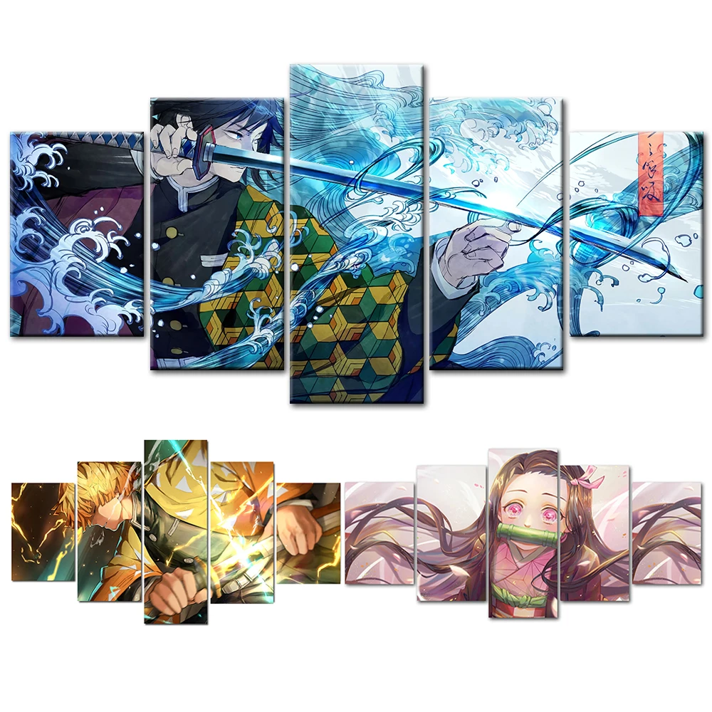 Модульная Настенная картина 5 шт. плакат с аниме Demon Slayer Kimetsu No Yaiba картины и принты