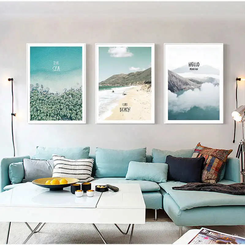 Голубое море и пляж скандинавские плакаты растения Куадрос украшения горное