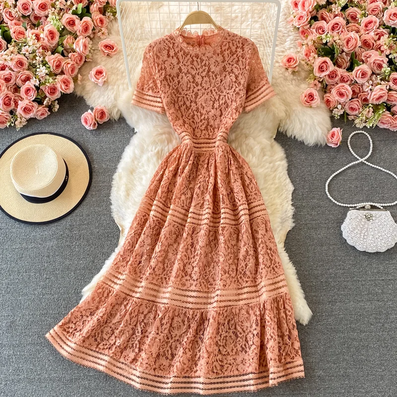 

2021 Summer Women Celebrity Dress Over Knee Slim Lace Hook Flower Hollow Dress Short Sleeve Elegant Long Dresses