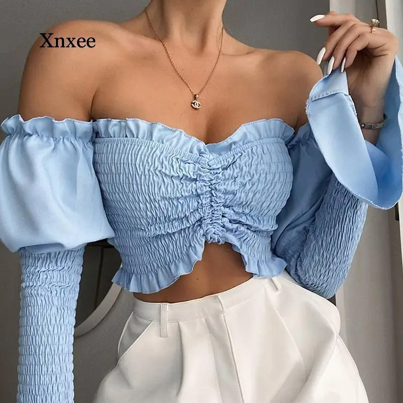

Off Shoulder Ruched Drawstring Women Top Blouses Shirts Flare Sleeve Summer Crop Tops Fashion Elegant Blusas Mujer Clothes