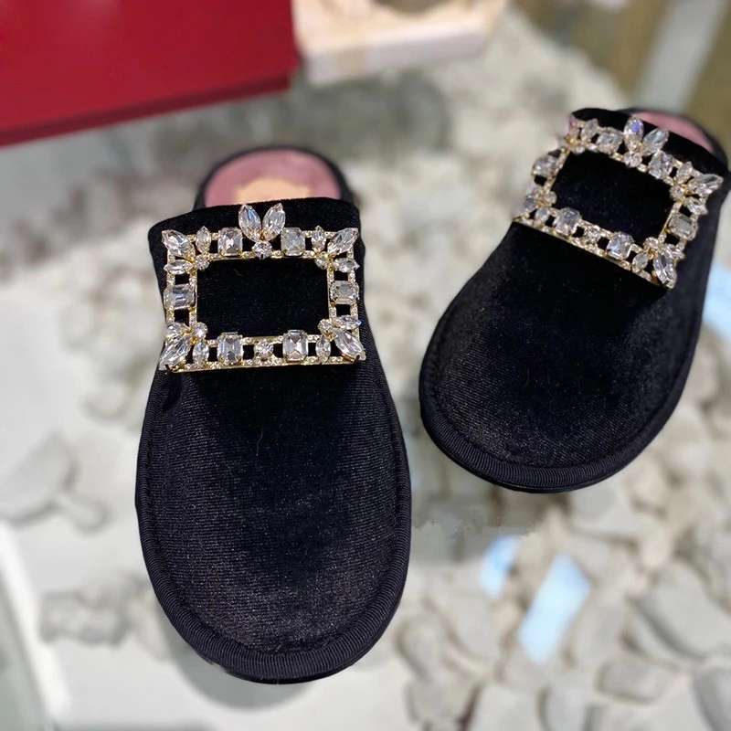 

Crystal Rhinestone Square Buckle Casual Mules Flats Golden Velvet Closed Toe Slippers Women Autumn Winter Indoor Comfort Slides