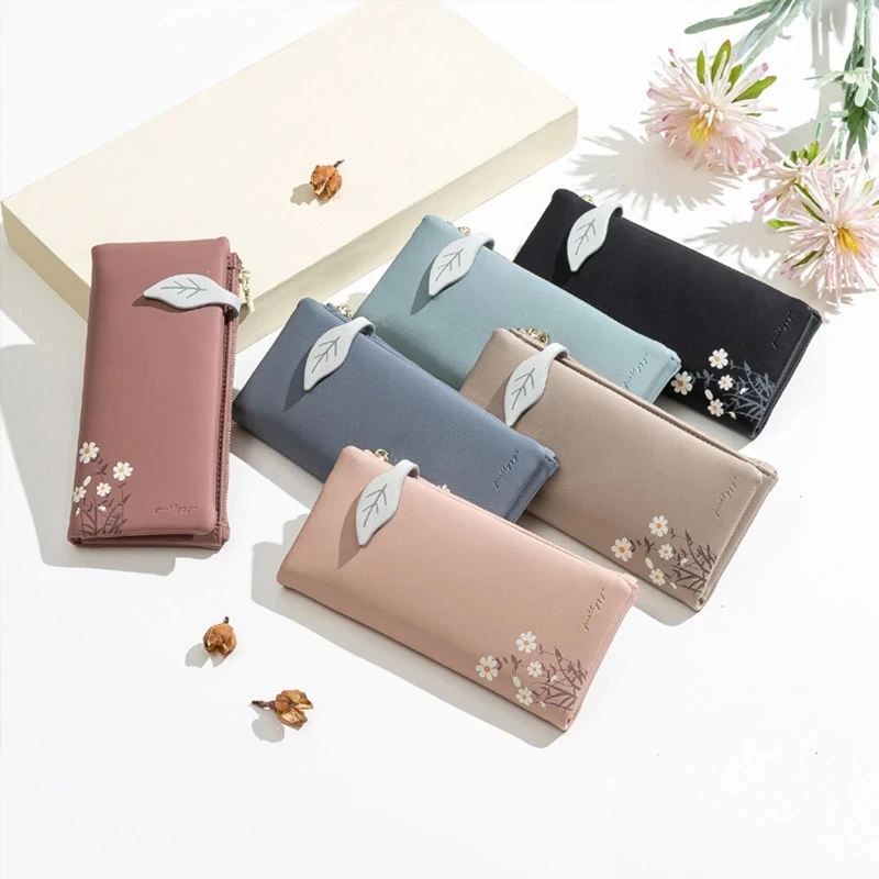 

Long Fashion Girls Wallet Women Hasp Zipper Purses Leaves PU Leather Lady Wallets Cards Holder Large Capacity Phone Purses