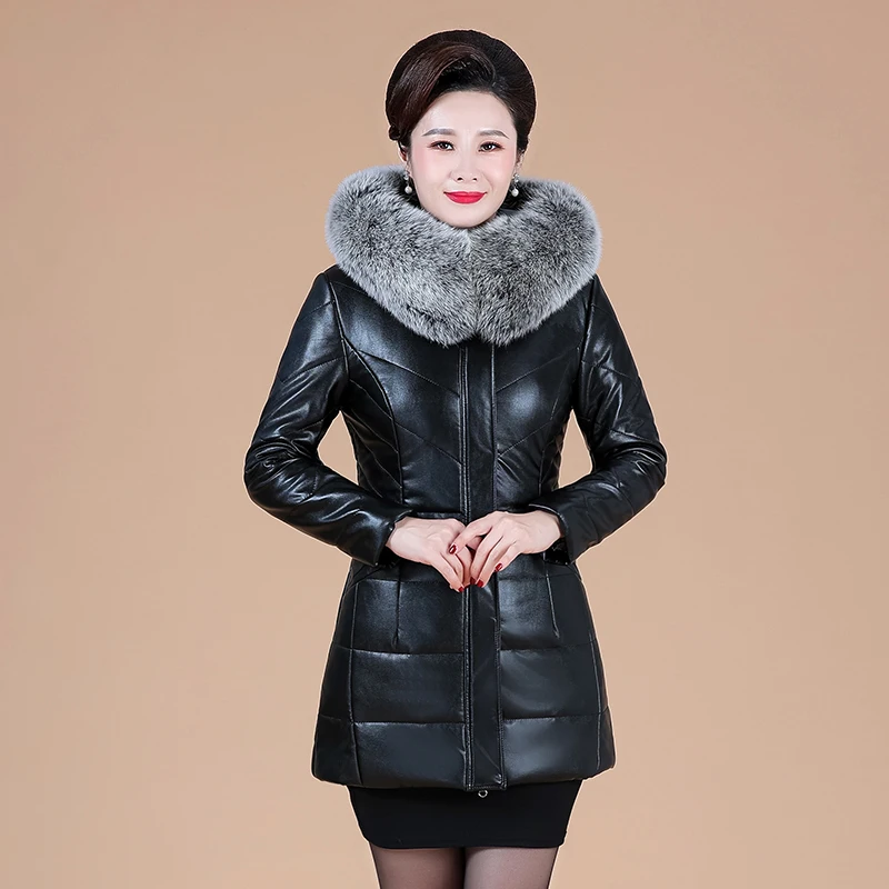 L-8XL Woman Leather Jacket Winter 2022 Fashion Overcoat Thicken Warm Fur Collar Hooded Sheepskin Coat Camel Outerwear Female
