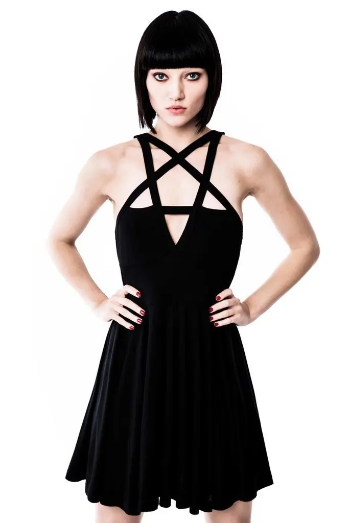 

Pentalce Шея Pentgram звезда черный готический трапециевидной формы стильное темное металлическое платье в стиле преппи Лолита