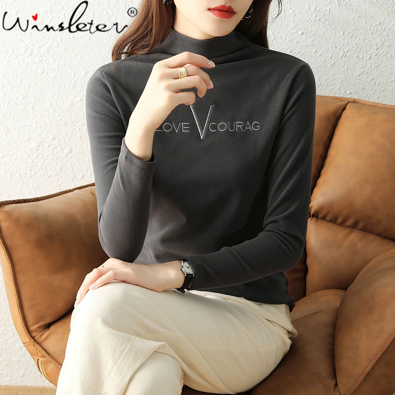 

Multi Colors Fleece T-shirt Women Autumn Winter Letters Embroidered Mock Neck Long Sleeve Stretchy Tops Bottoming Shirt T1D106A