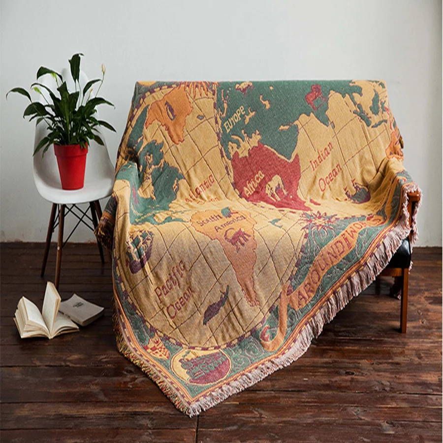 

SOFTBATFY Fashion Double-Sided Cotton Blanket Non-Slip World Map Knitted Sofa Towel Fabric Cushion Tassel