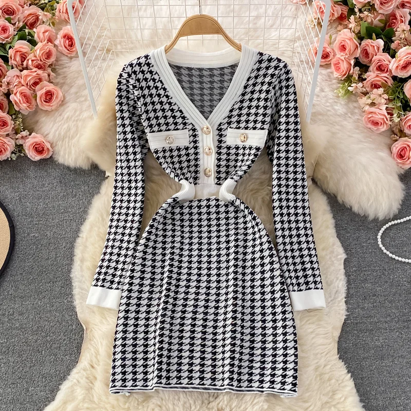 

Fall Winter Houndstooth Knitted Sweater Dress Women Vintage Long Sleeve Slim Mini Bodycon Dress Korean Fashion Casual Robe Femme