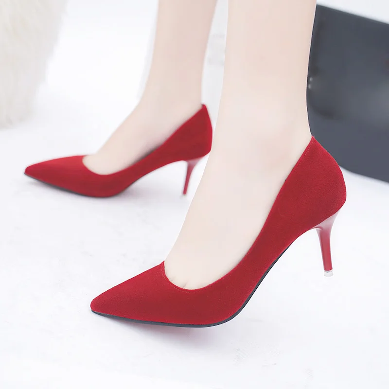 

2021 Plus Size Office Lady Shoes Faux Suede High Heels Woman Shoes Pointed Toe Dress Shoes Basic Pumps Women Boat