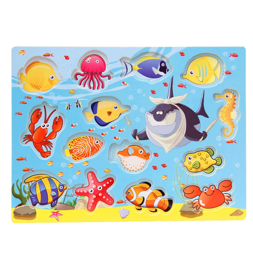 Детские развивающие игрушки Магнитные деревянные пазлы с 14 рыбами и 2 магнитными