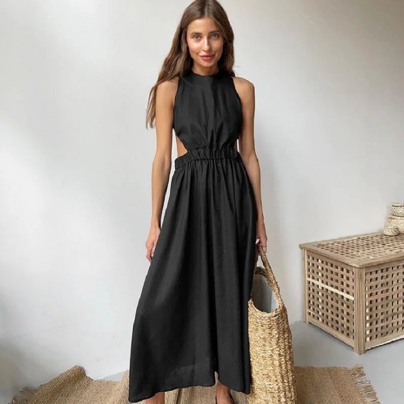 Длинное летнее женское платье из хлопка BBK с высокой талией однотонное черное