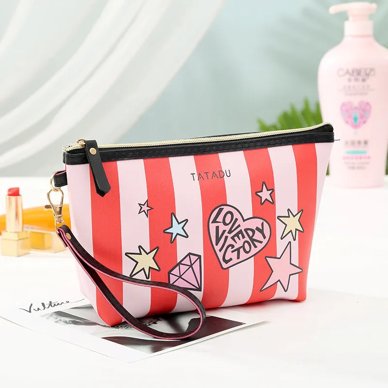 

PU Inkjet Portable Cosmetic Bag Women Striped Dumpling Bag Travel Multi-Function Storage Bag