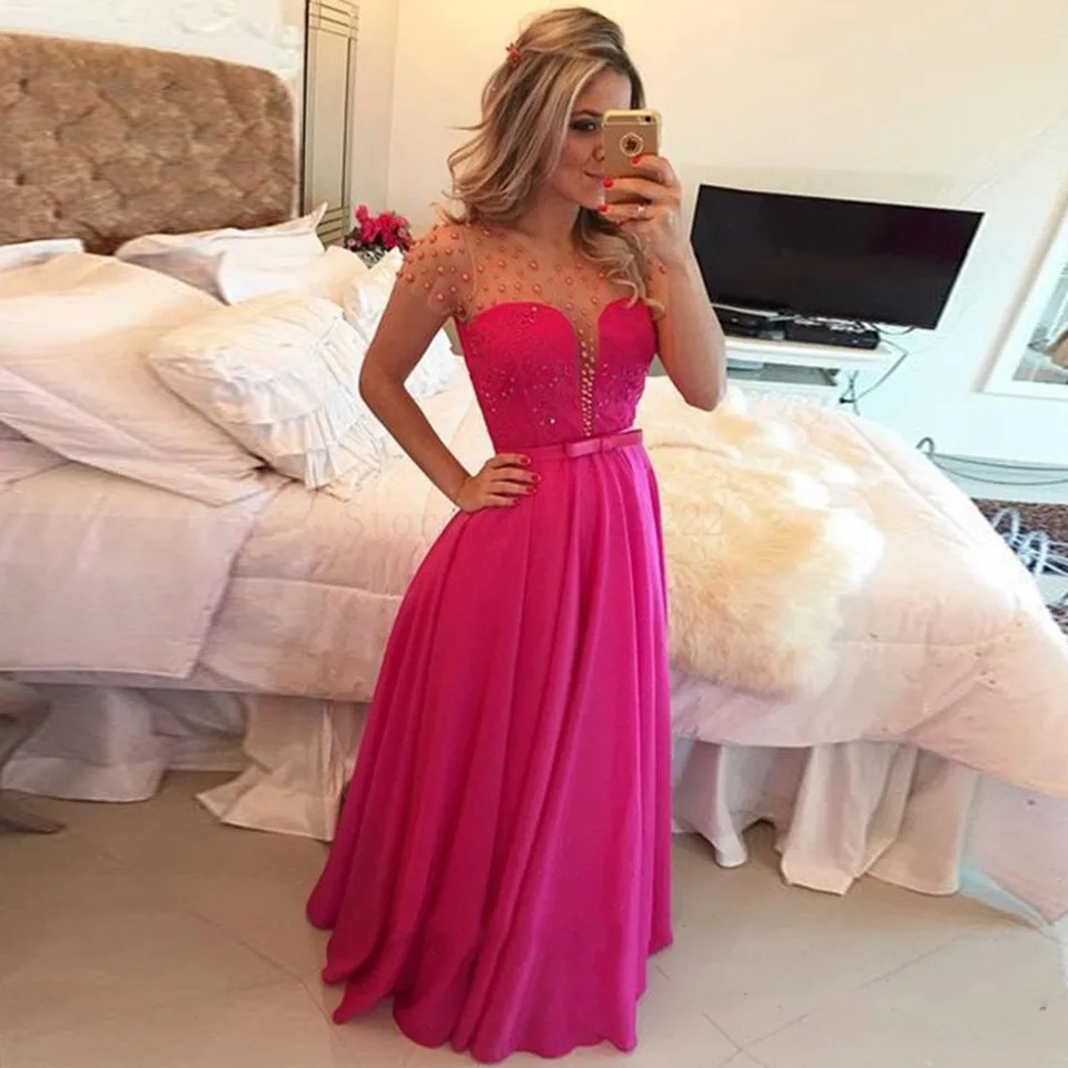 

Fushcia Illusion Prom Dresses 2022 Women Elegant Party Night Beading Pearls Long Evening Gowns Vestidos Robe De Soiree