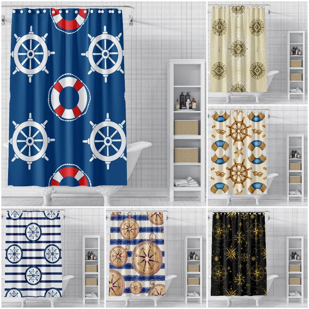 

Nautical Themed Bath curtain Waterproof Shower Curtains Polyester Compass Rudder Printed Curtain for Bathroom Home Decor
