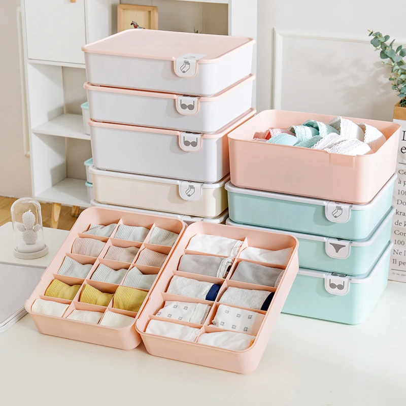 

1/10/15 Grid Plastic Underwear Storage Box with Mark Closet Organizer Drawer for Underwear Socks Box Bra Organizer with Cover