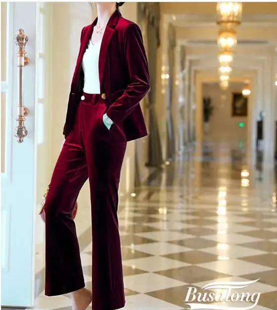 wine pant suite Зимняя бархатная Женская куртка брючный костюм винно-зеленый темно-синий интервью OL черный Блейзер Бизнес Рабочая одежда плюс размер женское пальто - Цвет: wine pant suite