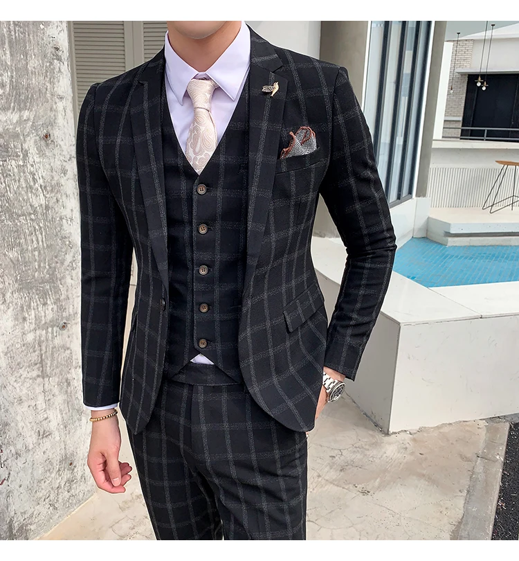 Элегантный Черный, серый цвет Клетчатый костюм «Человек Осень Slim Fit Мужские свадебные костюмы костюм 3 предмета Homme костюмы для торжественных случаев для Для мужчин Q176