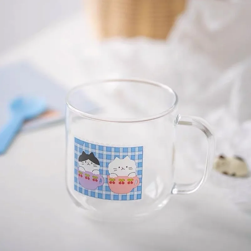 

Korean Style Water Cat Cup With Handle Glass Juice Glasses Heat Resistant Milk Coffee Cups Breakfast Girl Heart Microwaved