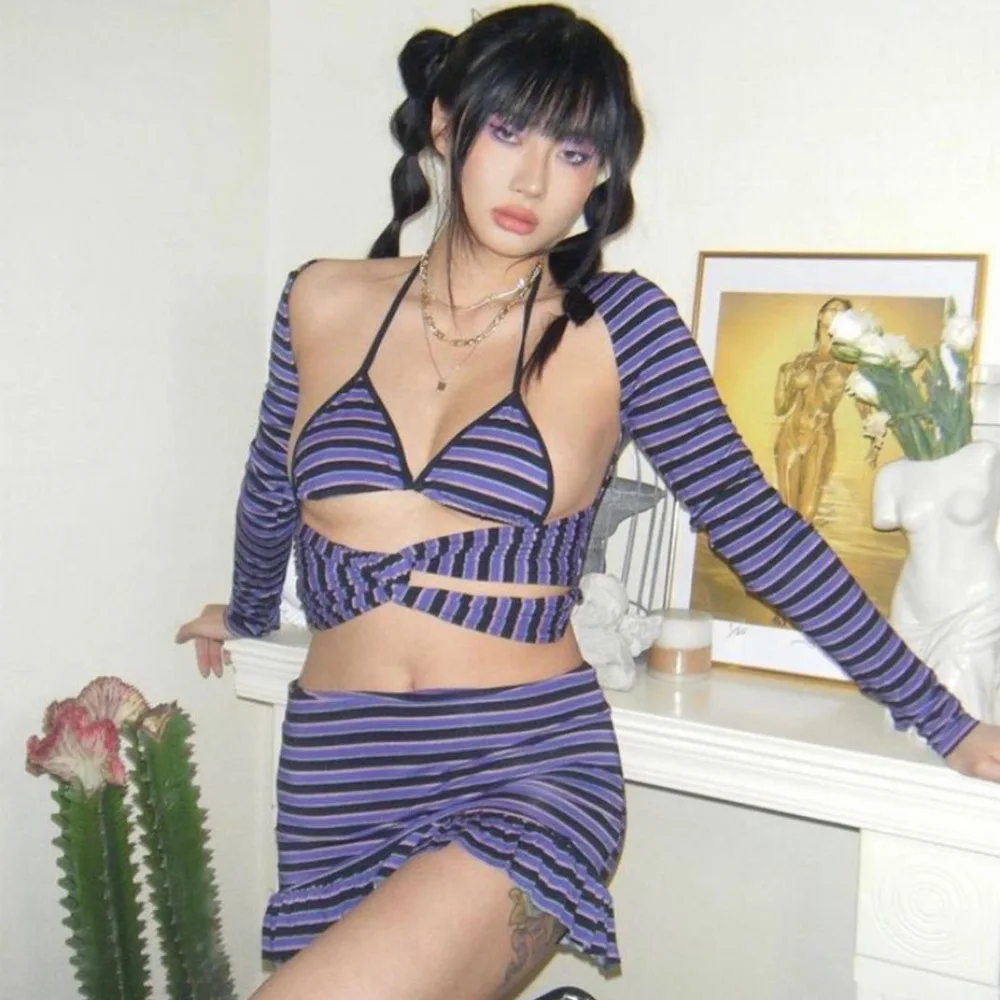 

3Pcs Women Casual Outfits Striped Sexy Halter Lace-up V-neck Bra Long Sleeve Cutout Crop Tops Mini Skirt Fashion Dress Sets