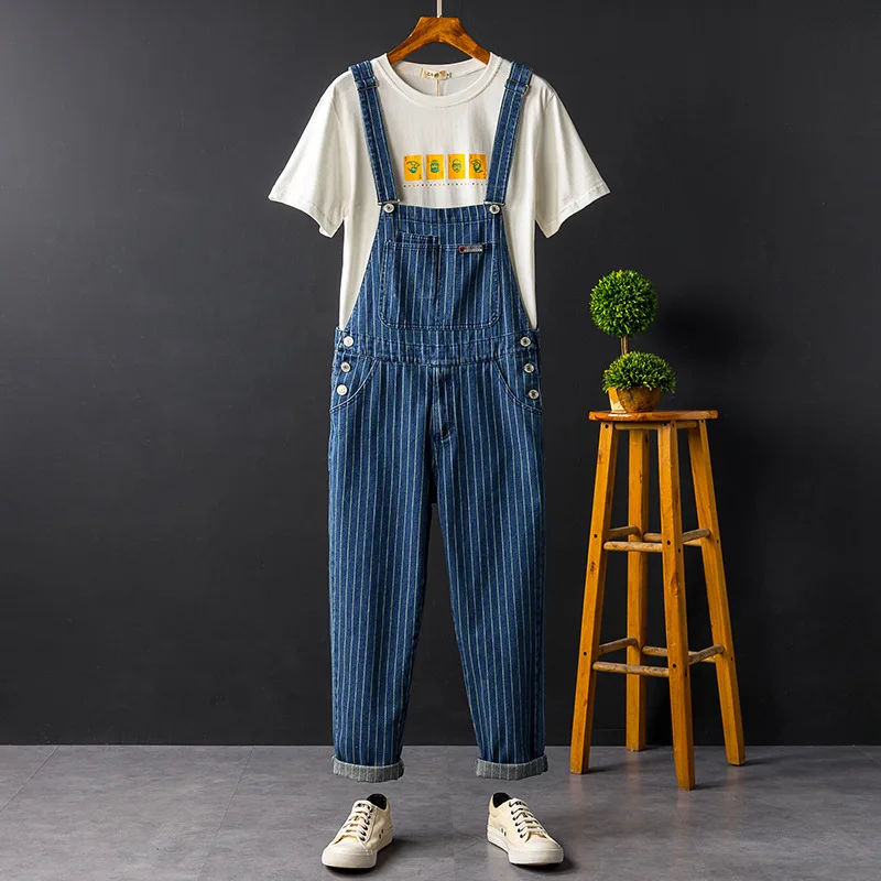 Men Harajuku Denim Trouser Braces Suspender Mens Regular Fit Blue Stripe Jeans Hip Hop Cargo Bib Overalls Loose Jumpsuit