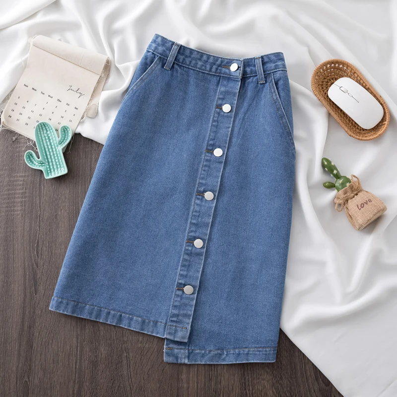 

Single Breasted Mini Demin Skirt For Woman Summer Asymmetric Jeans Skirts Ladies Blue Slim Button Streetwear Harajuku