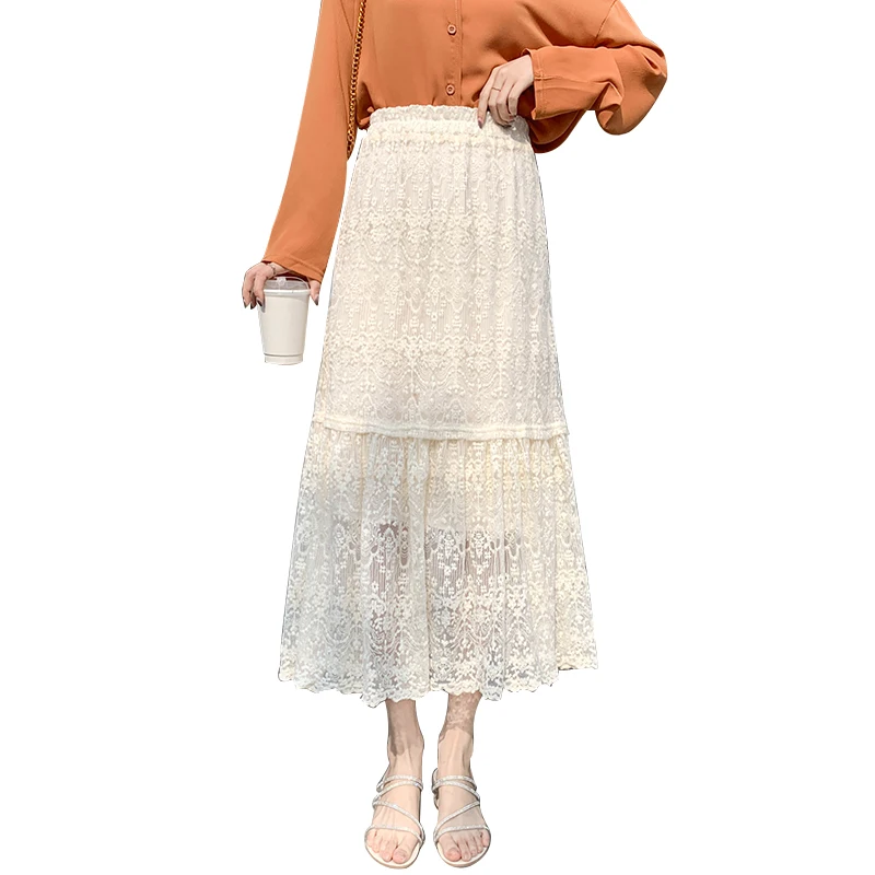 

JXMYY Lace Retro High Waist Elegant 2020 New Elastic-Waist A-Line High Street Floral Office Lady Womens Skirts 3 Colors