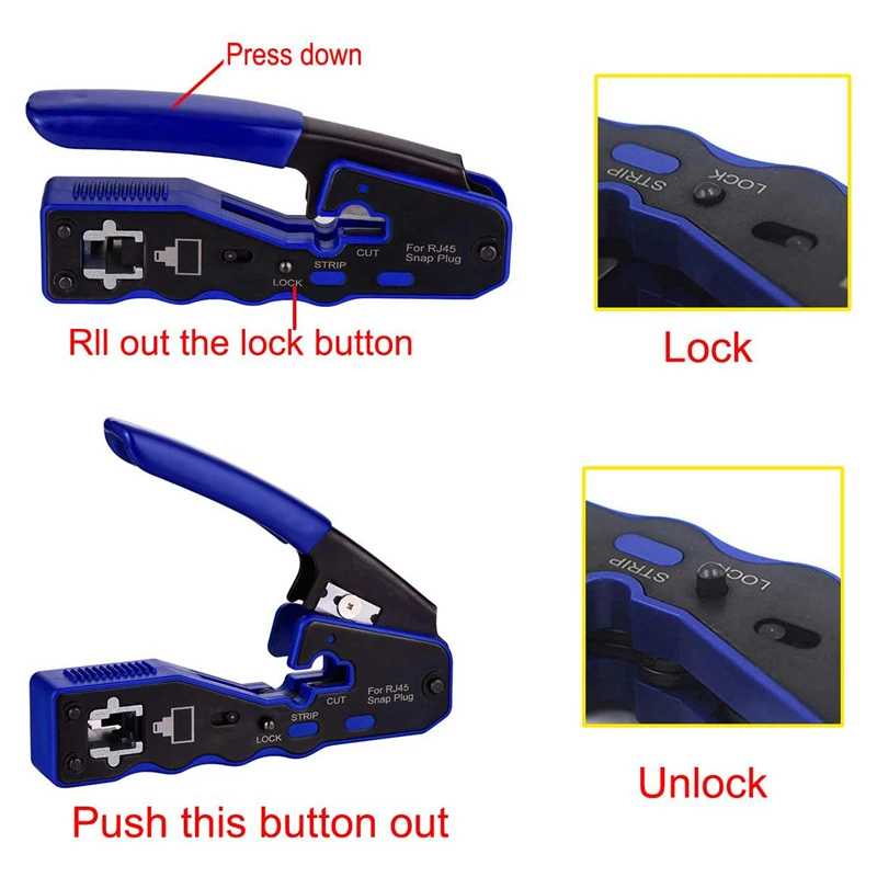 

RJ45 Crimp Tool Pass Through Cutter for Cat6 Cat5 Cat5E 8P8C Modular Connectors All-In-One Wire Tool