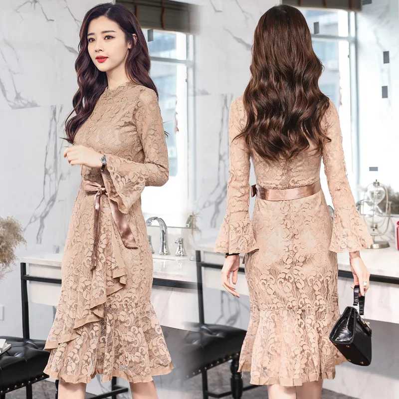 Женское ажурное кружевное платье с длинным рукавом весна-осень элегантный