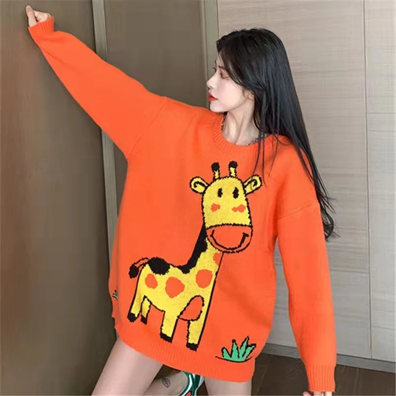 

Orange Cartoon Fawn Knitted Sweater Women 2021 Autumn Winter Long Sleeve O-Neck Pullover Student Kawaii Loose Tops