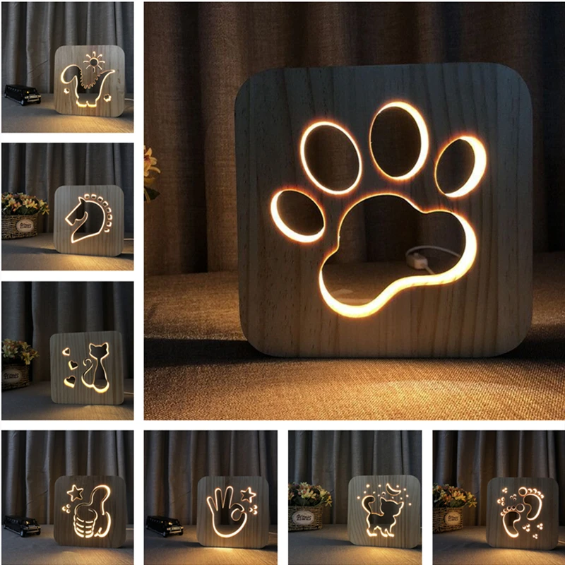 Деревянная Ночная лампа в виде собачьей лапы волка животных светящаяся
